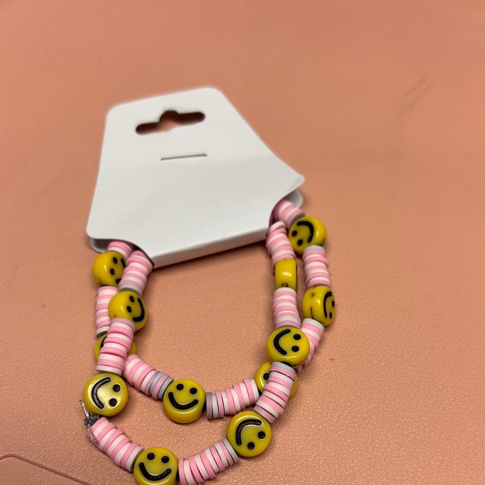 Smiley Face Beaded Kids Bracelet - Pink and Yellow